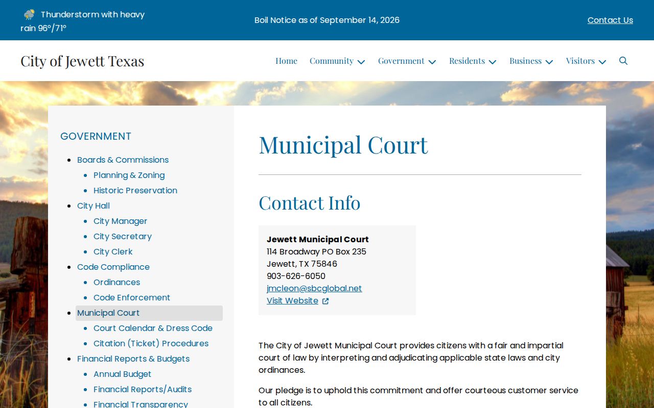 Leon County municipal warrant payment and contact details from Jewett Municipal Court